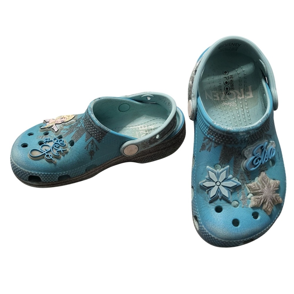 Crocs Disney Frozen Elsa Glitter Clogs Blue Silver Toddler Kids C11 Snowflake